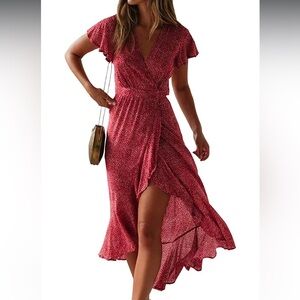 Red Ruched Wrap Dress